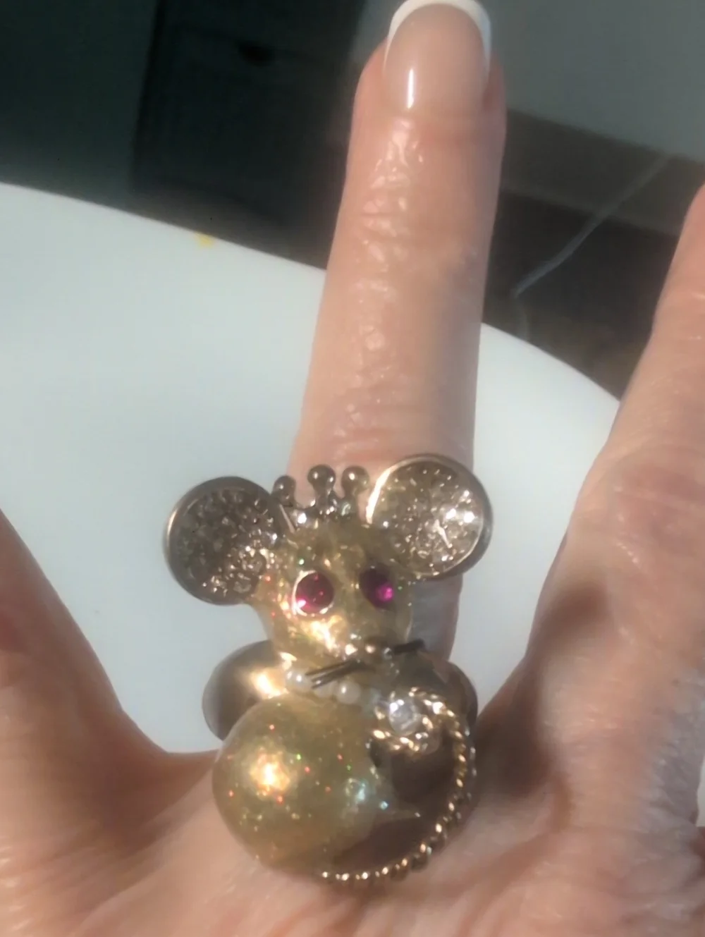 Betsy Johnson Stretch Gold-tone Mouse Ring with Rhinestone Accents and Pink Eyes